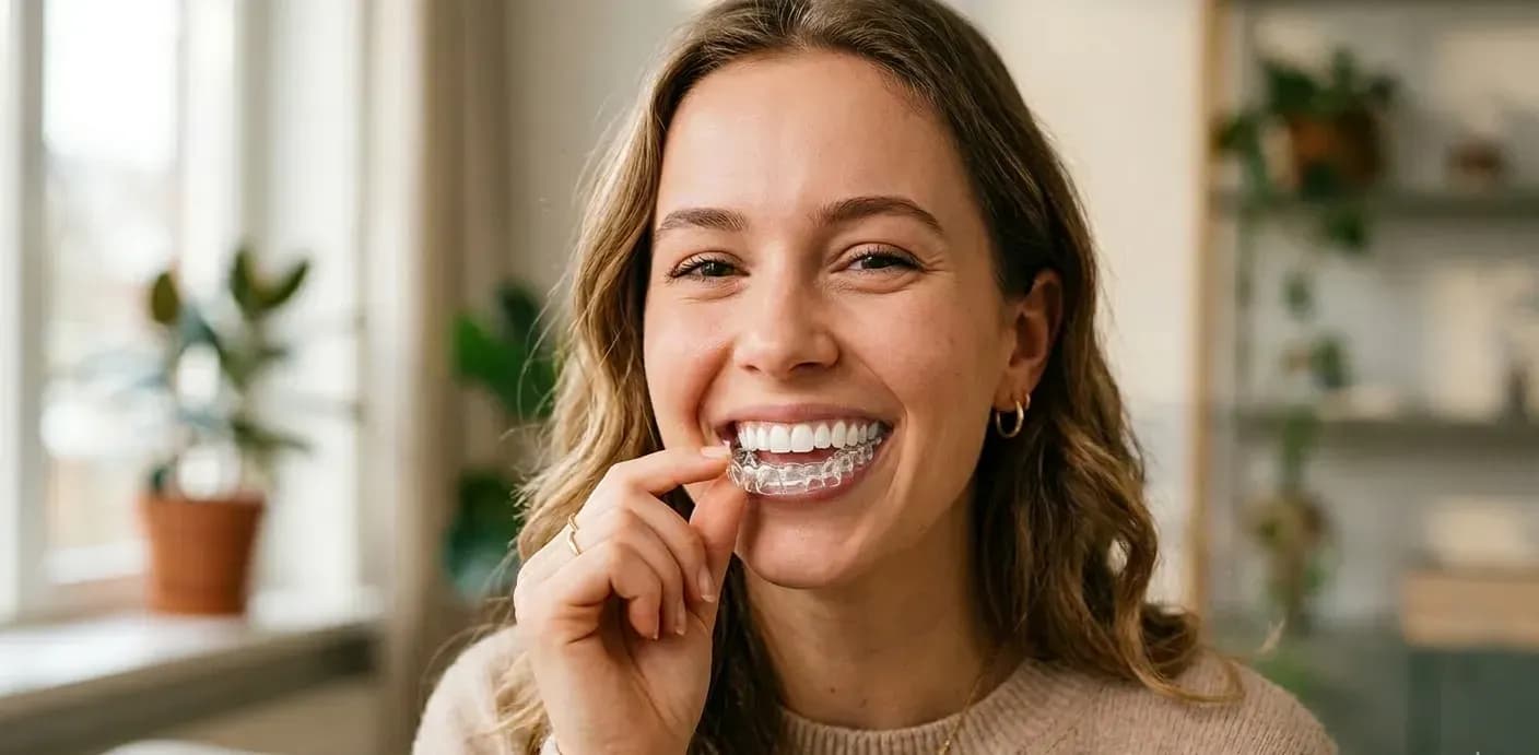 Patient with clear Invisalign aligner — All Smiles Dental Care, Calgary